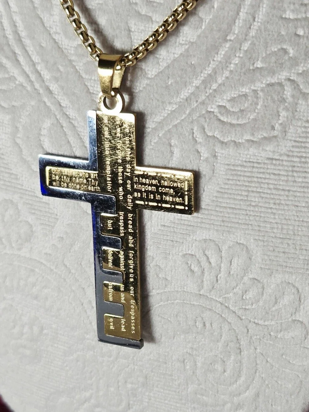 Lord's Prayer Cross Key Necklace Two Tone Stainless Steel 24